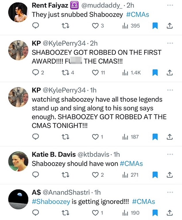 Following his defeat for Single of the Year, a fan wrote on X: 'They just turned down Shaboozey #CMAs'