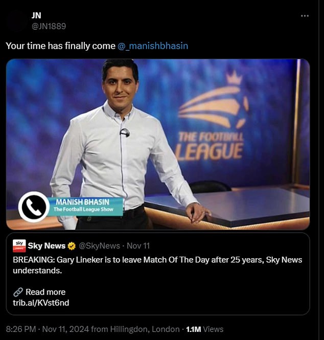 Some fans are calling for Bhasin to replace Lineker following his work on The Football League Show