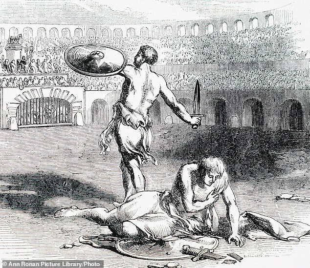 Engraving of gladiators fighting in the Colosseum in Rome