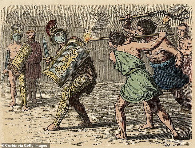 A cowardly gladiator is confronted by angry enemies during a battle