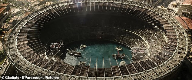 A naval battle actually took place in the Colosseum. Above: The scene from Gladiator II