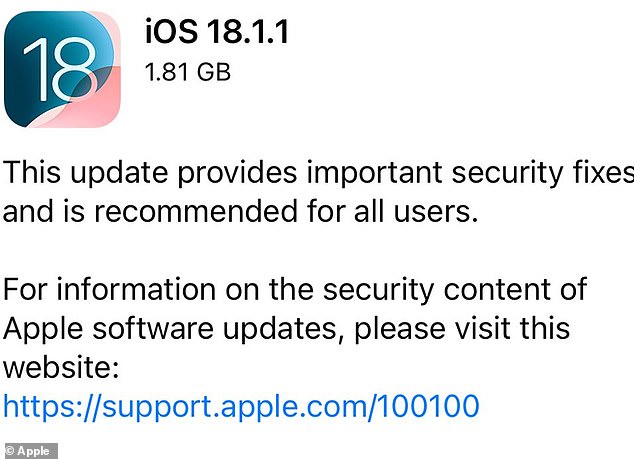 The update (pictured) provides 'important security fixes' for two issues that Apple says have already been exploited by hackers