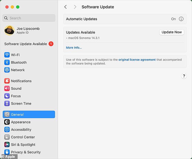 Apple also released an update for MacOS Sequoia 15.1.1, which suffers from the same security issues. To update, open Settings, General, Software Update and choose 'Update Now'