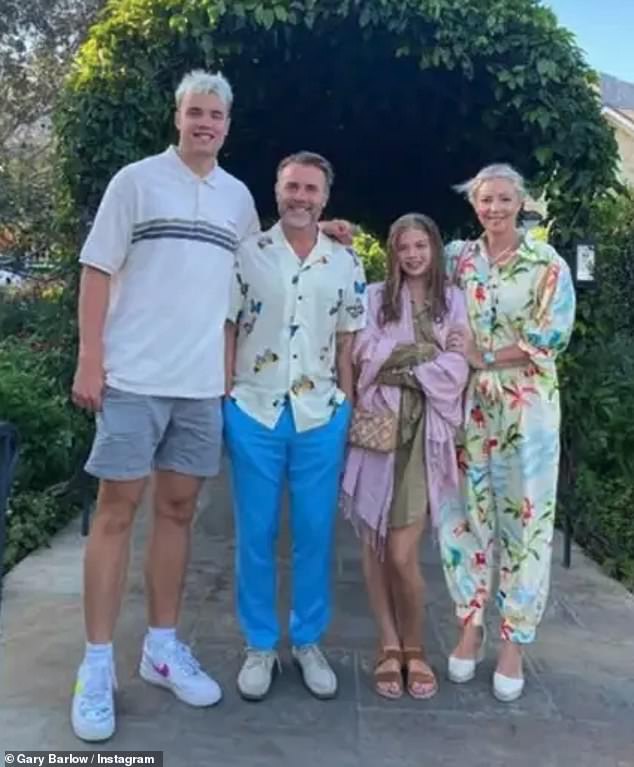 Gary Barlow shares Daniel, 25 (L) Emily, 22 and Daisy, 15 (R) with 25-year-old wife Dawn Andrews (far right). The photo went viral after a sweet family photo showed his son towering over him, but some are shocked by his actual height