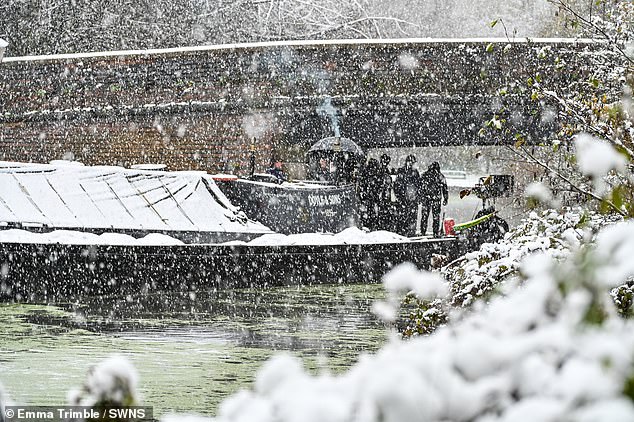 Snow lashed Dudley Canal as the Peaky Blinders production team got to work on Wednesday