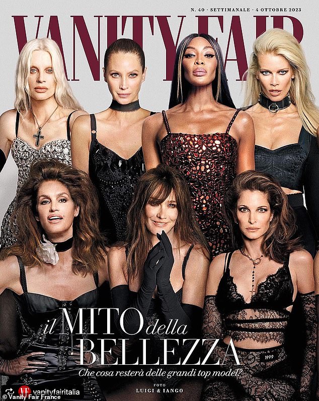 She is seen at the bottom far right in a lace outfit stamped 1999 - the shoot was by Luigi and Iango in 2023