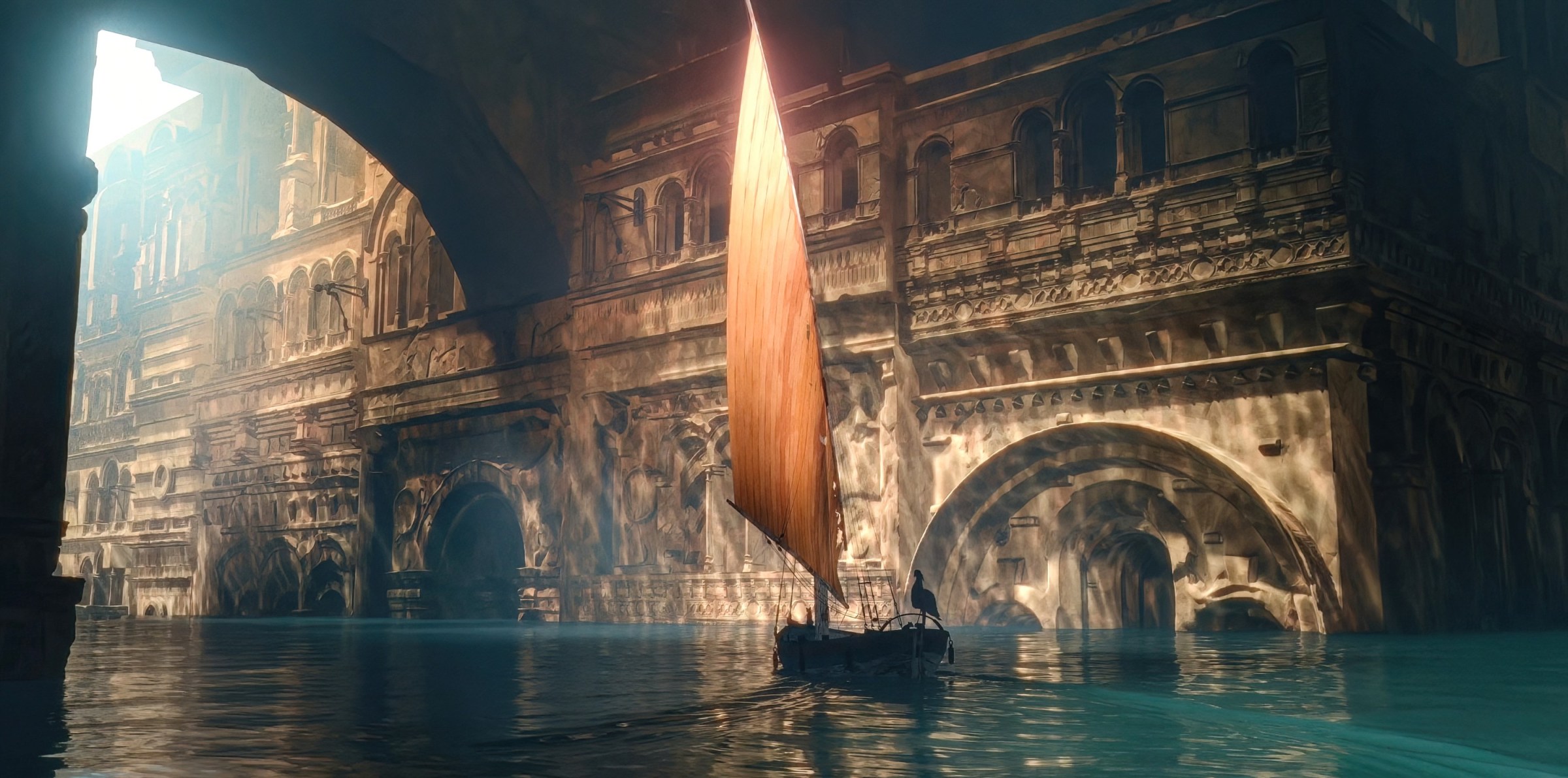 A sailboat floats through a mysterious flooded city in Flow.