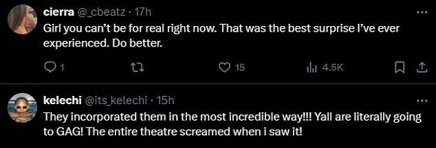 Another wrote: 'They handled them in the most incredible way!!! You guys are literally going to GAG! The whole theater screamed when I saw it!'