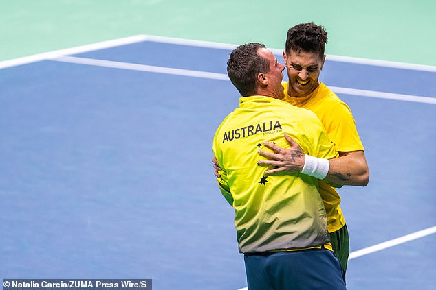 Australian skipper Lleyton Hewitt (pictured with Kokkinakis after his singles win) took a big risk with his selections - and it turned out to be a genius move