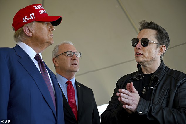 Trump, Musk and Senator Kevin Cramer pictured chatting before attending a viewing of the SpaceX Starship rocket launch on Tuesday