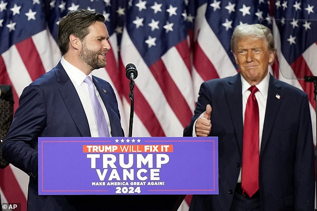 While Trump selected Vance as his running mate, Goldberg believes Musk is actually the second-in-command; Trump and Vance pictured at an election night watch party in West Palm Beach on November 6