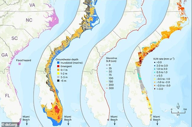 This map shows how much the coastline will be affected by coastal flooding, sinking land and rising sea levels