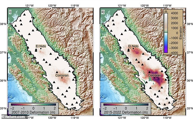 Maps show the period of subsidence in the San Joaquin Valley. The left image shows the areas where it sank between 2006 and 2010 and the right image shows the subsidence from 2015 to 2022