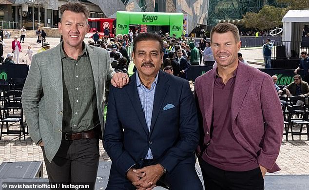 Indian legend Shastri (pictured center with fellow commentators Brett Lee, left, and David Warner) gave an over-the-top performance at the toss that got cricket fans excited