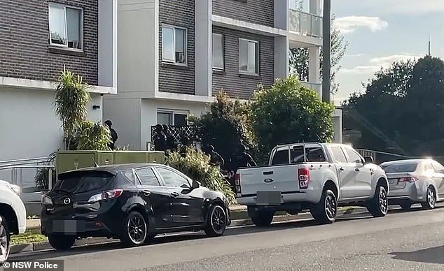 Police allege a 22-year-old man was lured to a Bel-A dealership in Granville and attacked by six men in January (pictured Strike Force detectives making the arrest on Friday)