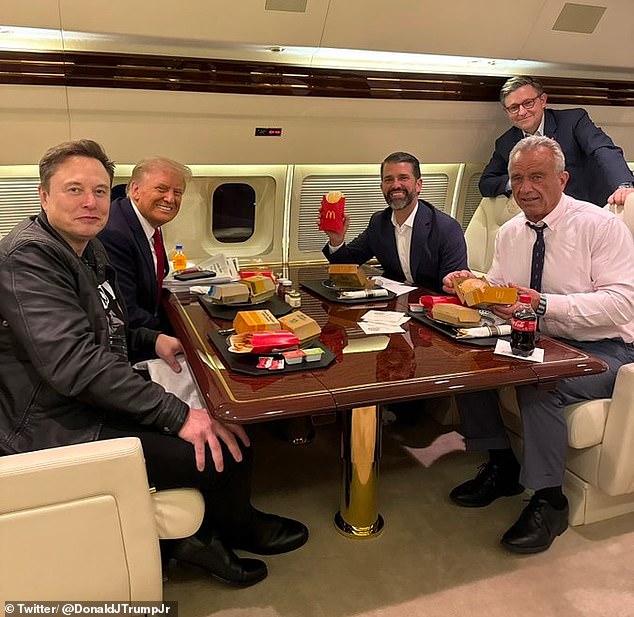 In a photo posted to social media, Kennedy was seen awkwardly posed with a Big Mac while on Trump Force One with newly elected President Donald Trump Jr. Elon Musk and Speaker of the House of Representatives Mike Johnson.