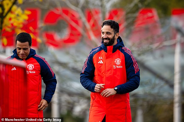 Manager Ruben Amorim (right) retired from playing for United's U21 side on Tuesday evening