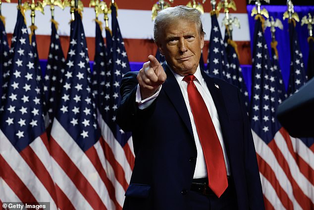 Earlier this year, the Trump campaign alleged to the Federal Election Commission that the highly regarded publication made illegal contributions to Harris' campaign after reports that the company paid to boost stories critical of the president-elect. Pictured: President-elect Donald Trump arrives to speak during an election night event at the Palm Beach Convention Center