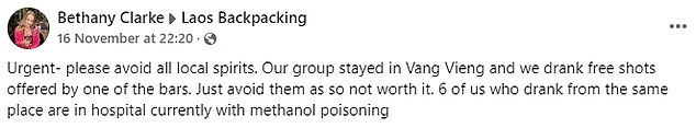 Ms White's friend Bethany Clarke, a health worker also from Orpington, took to the Laos Backpacking Facebook group to warn other travelers