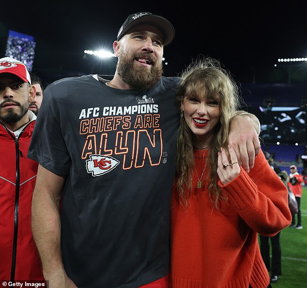 She also shared her support for the couple, telling E! News in 2023 'I am so, so happy for her. There's definitely something very different about them'; Taylor and Travis seen in January