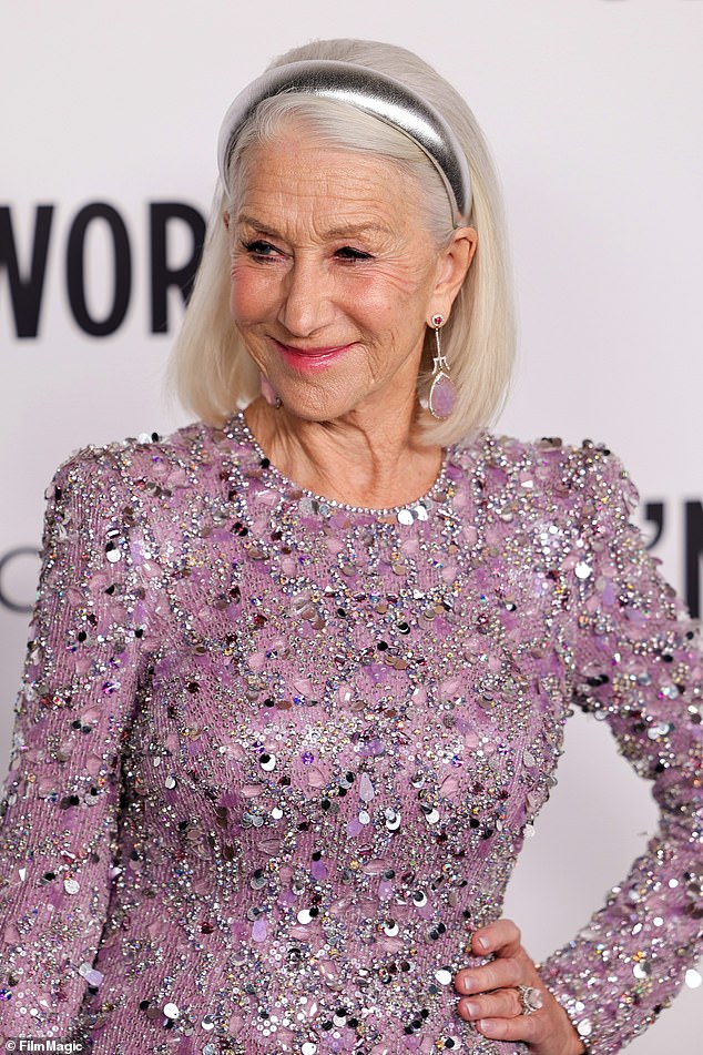 Helen kept her silver locks off her face with a thin headband and added extra sparkle to the look with a pair of purple diamond earrings