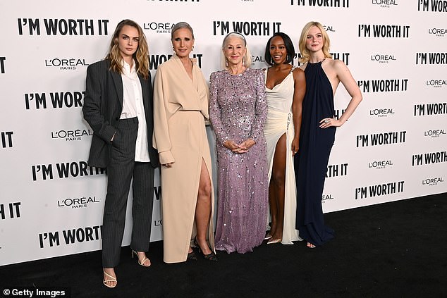 Helen was joined on the red carpet by fellow brand ambassadors (L-R) Cara Delevingne, 32, Andie MacDowell, 66, Aja Naomi King, 39, and Elle Fanning, 26