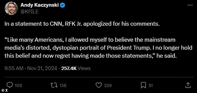 RFK, Jr. blamed the mainstream media in a statement to CNN