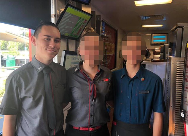 Kay is seen on the left presenting as male and working at a McDonald's on the Mid North Coast