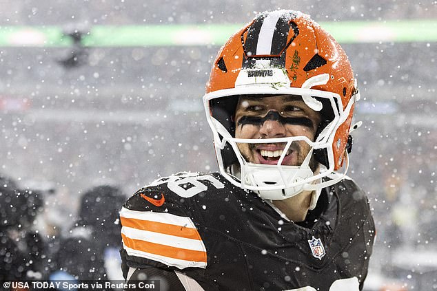 Cleveland Browns tight end Blake Whiteheart (86) smiles as he walks back to the locker room after the win against the Pittsburgh Steelers at Huntington Bank Field Stadium