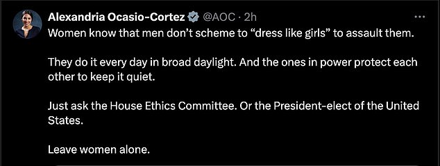 AOC on Thursday retweeted her comments about Mace and Johnson endangering women and took aim at President-elect Trump and AG candidate Matt Gaetz, both of whom have been accused of assaulting women