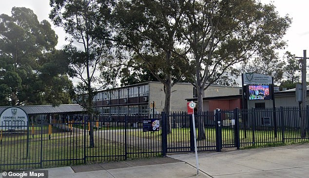 Employees at Condell Park High School (pictured) asked the student to remove his garment during the graduation ceremony and accused him of making a political statement