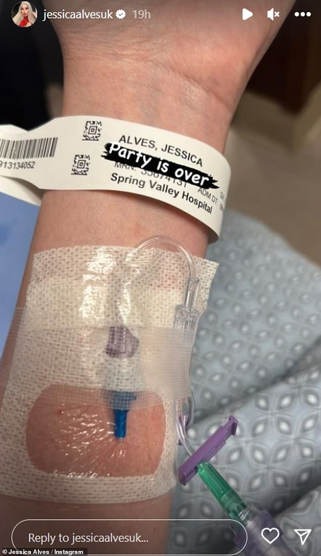 Angry: Jessica shared a photo of her arm with a cannula in it at Spring Valley Hospital, captioning it: 'The party is over'