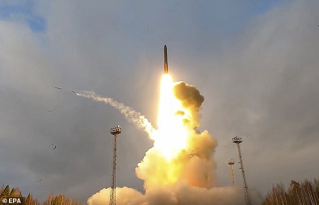 A still image from a handout video made available by the Russian Ministry of Defense press service shows a Yars intercontinental ballistic missile being launched as part of nuclear deterrent force exercises from the Plesetsk Cosmodrome, Arkhangelsk Oblast, in the northwest Russia, October 29, 2024