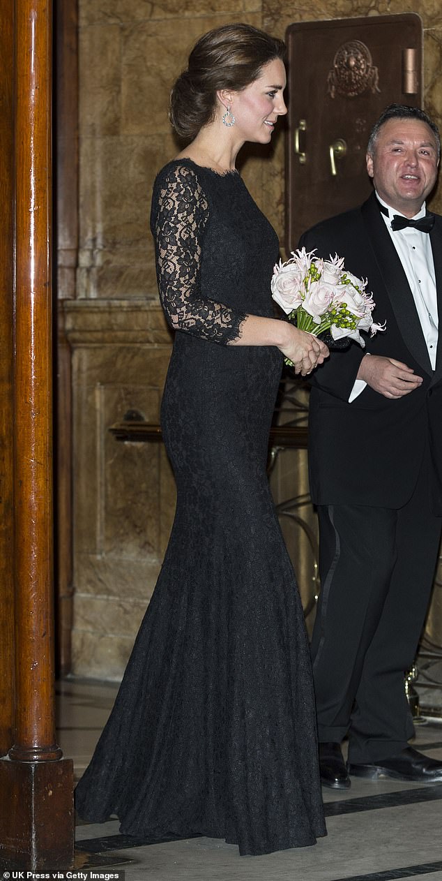 For her Royal Variety Performance debut in 2014, Kate opted for an understated black lace gown by Diane von Furstenberg