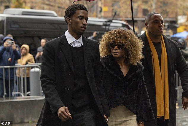 His mother Janice, 84, emerged from a black van with blacked-out windows, holding hands with Diddy's son Christian 'King' Combs, 26, and walked into court today.