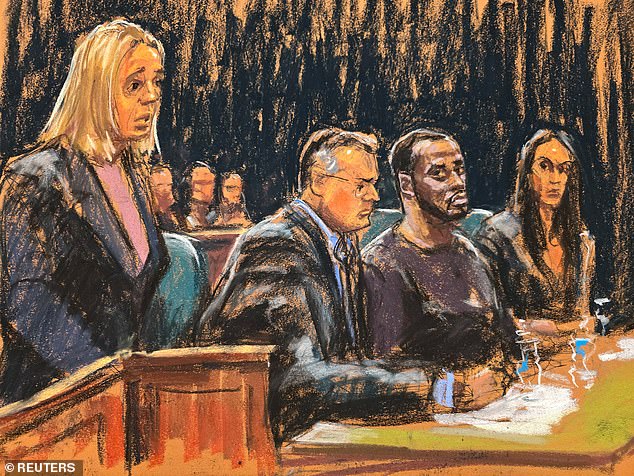 Assistant U.S. Attorney Emily Johnson argues for prosecution as Diddy and his attorneys Agnifilo and Geragos sit during a bail hearing on September 18