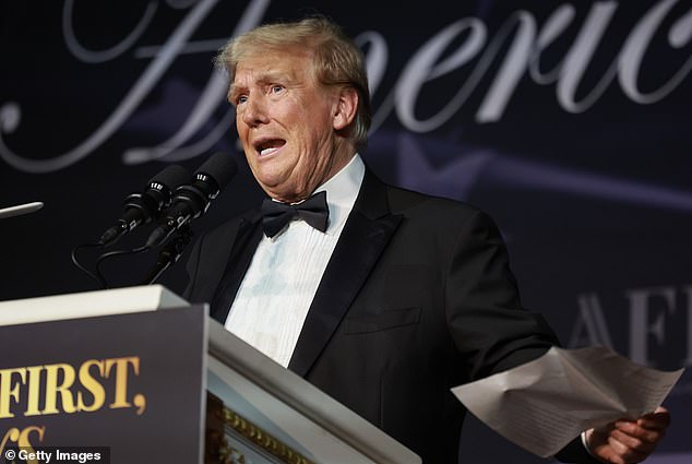 Trump, wearing a tuxedo, addressed a political rally at his headquarters in Florida