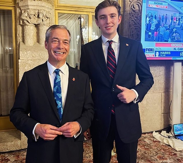 British politician Nigel Farage posed with Barron Trump on election night