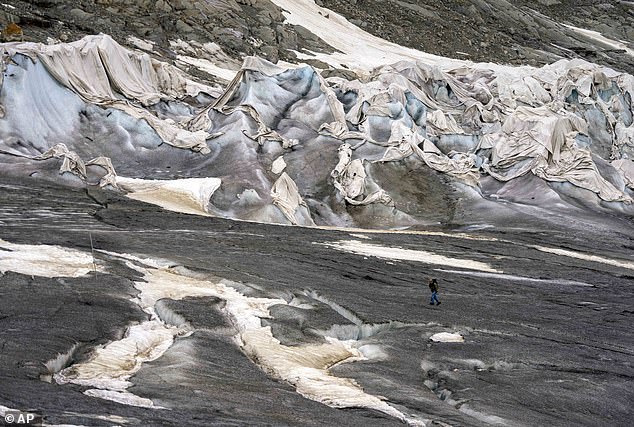 A glacier is simply the accumulation of snow that has been compressed into solid ice over thousands of years. Pictured: Glaciologists at the Rhône Glacier covered by slabs near Goms, Switzerland, on June 16, 2023