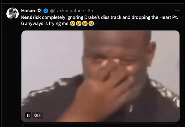 One user wrote, “Kendrick completely ignores Drake's diss track and drops the Heart Pt. 6 makes me want to fry anyway,” and added a video of a man laughing