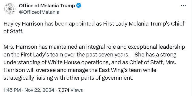 1732310995 533 Melania Trump announces her first major appointment to the White