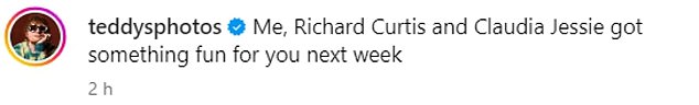 Ed shared the clip and teased that the surprise trio was gearing up to make a big announcement, captioning it: 'Me, Richard Curtis and Claudia Jessie have something fun for you next week'