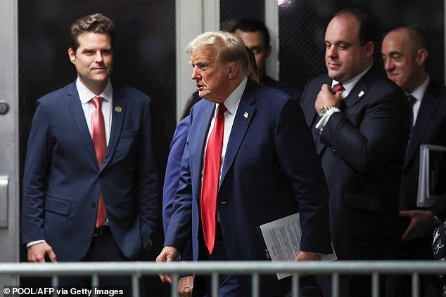 Then-Rep. Matt Gaetz in Manhattan Criminal Court with Trump while on trial for covering up hush money payments to Stormy Daniels