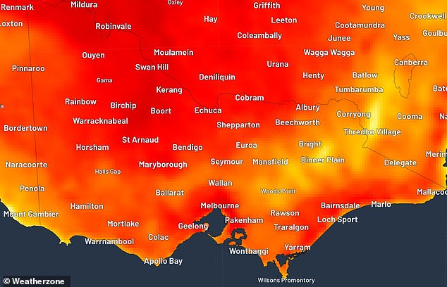 Northerly winds will sweep the warm weather system into Victoria and South Australia, with the hot conditions caused by a trough (weather map in photo)