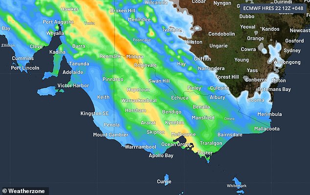 The heatwave will end in Victoria and South Australia this weekend, with showers and south-westerly winds bringing cool conditions (a weather map is pictured)