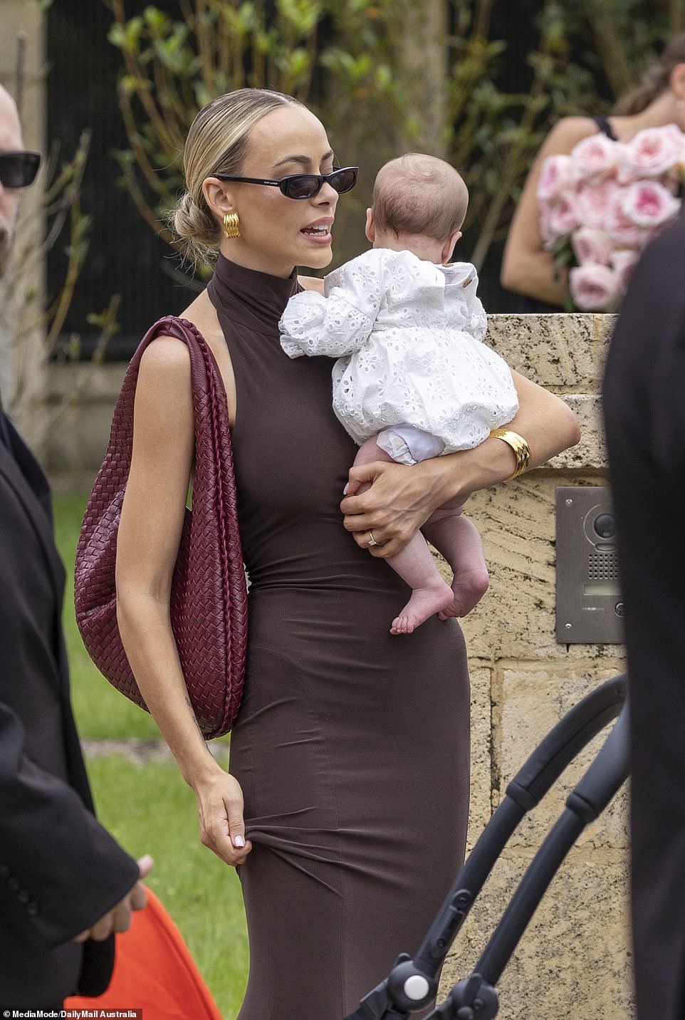 Em Davies appeared to break Tammy's child-free marriage rule when he stepped out for the occasion with fiancé Joel Gambin and their newborn daughter Isla Sue Gambin, who was born in August.