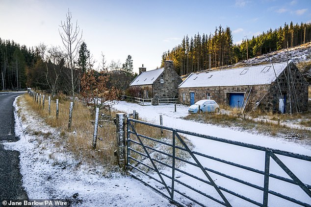 Pictured today is snow and ice in Corgaff, Aberdeenshire, as Britain braces for more snow