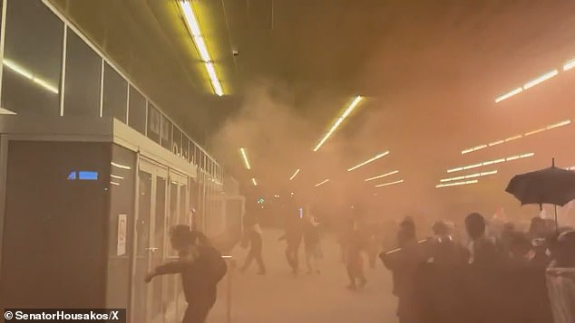 Smoke filled the air as protesters fired smoke bombs as they rioted