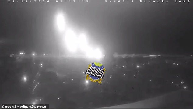 Security camera footage from the central-eastern city of Dnipro showed several projectiles shooting inwards and detonating in a series of violent, fiery explosions