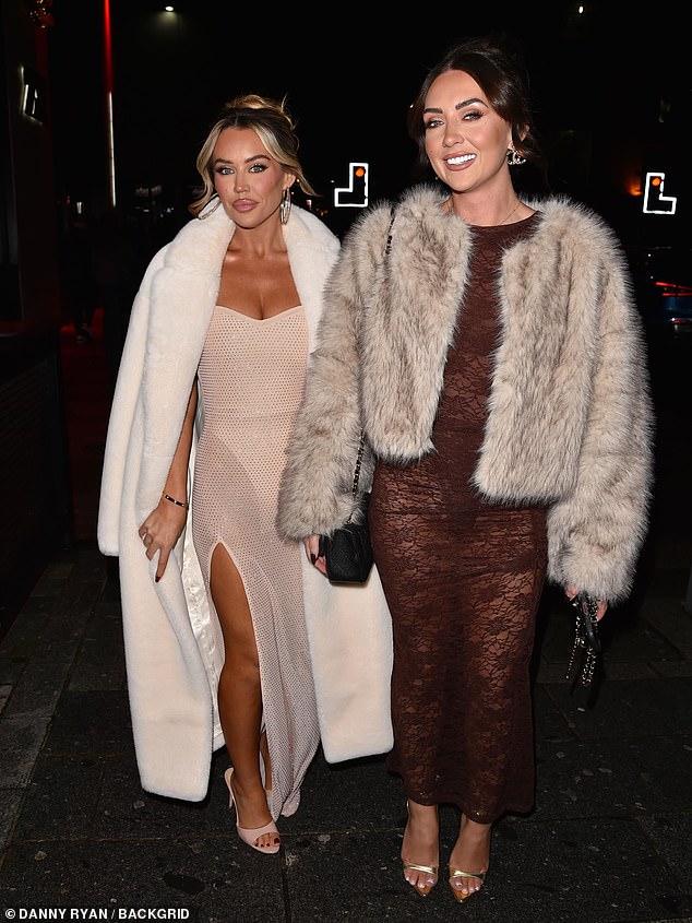 Jess White, 25, accentuated her slim figure in a figure-hugging brown lace-up dress and wrapped in a faux fur coat